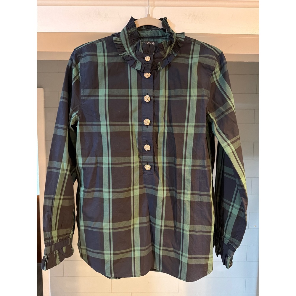 J.Crew Black Watch Plaid Ruffle Neck Crystal Button Top BN147 Navy Green 8